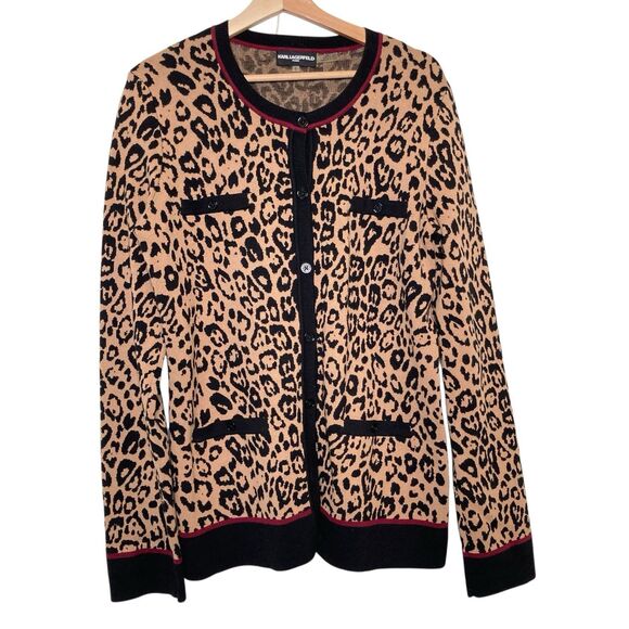 Karl Lagerfeld Paris Cheetah / Leopard Women’s Medium Sweater Cardigan Pockets M - Picture 1 of 10